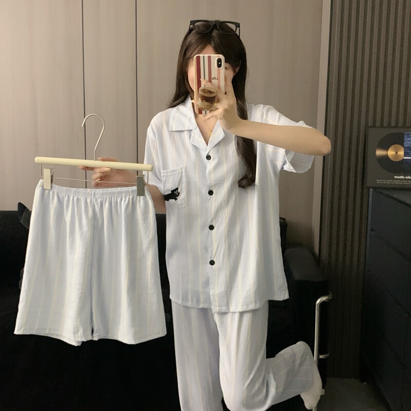 Summer Pure Cotton Couple Pajamas for Men and Women, Blue Striped Black Cat Short-Sleeved Three-Piece Set, Casual Large Size Home Clothes