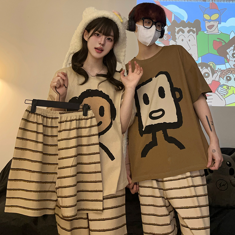 Internet Celebrity Style Cartoon Pajamas Couple Outfit One Man One Woman Summer Cute Pure Cotton Home Wear New Short-Sleeved Three-Piece Set