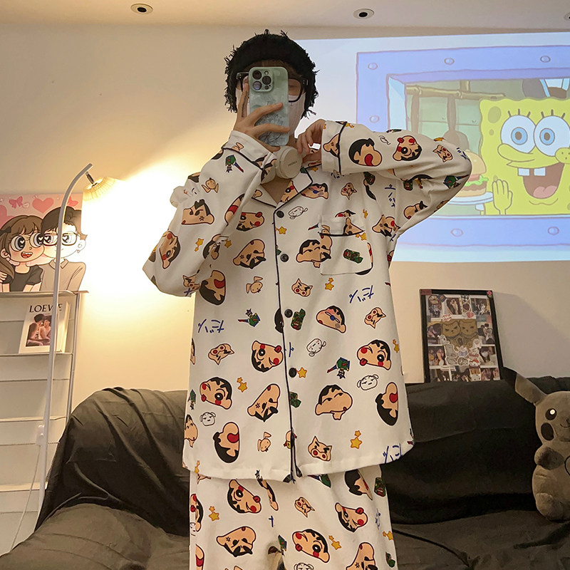 漫画風インスタグラムスタイル メンズ 春秋用 純綿長袖パジャマとズボン ゆったりラウンジウェア ティーンエイジャー向け 2025年新スタイルセット