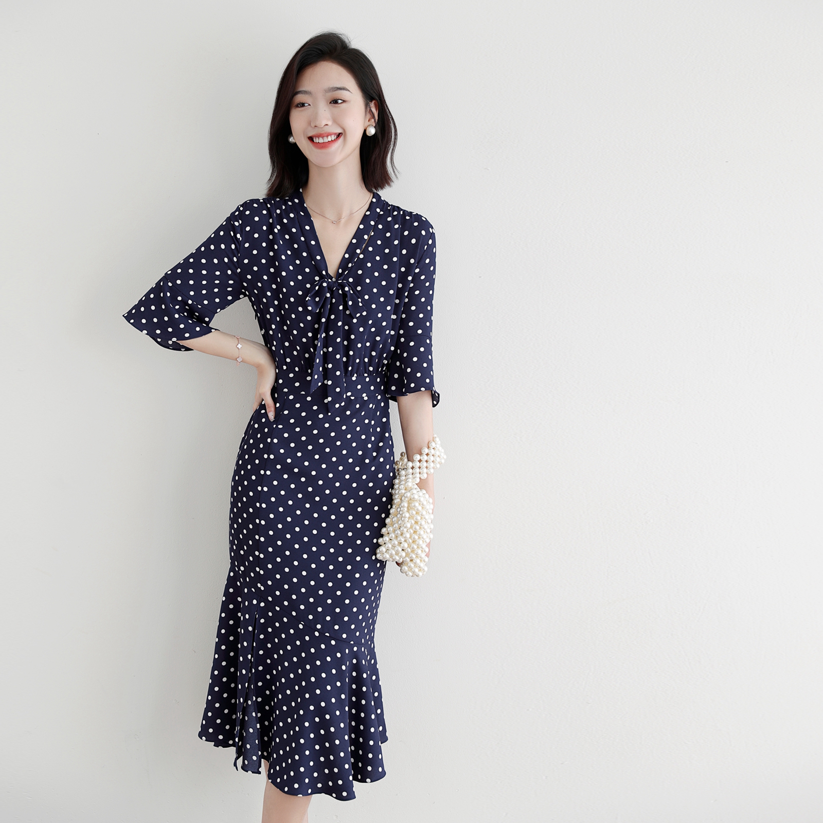 Japan 2022 HBD elegant wavedot fish tail skirt butterfly bow simple V - collar commuter medium - long dress