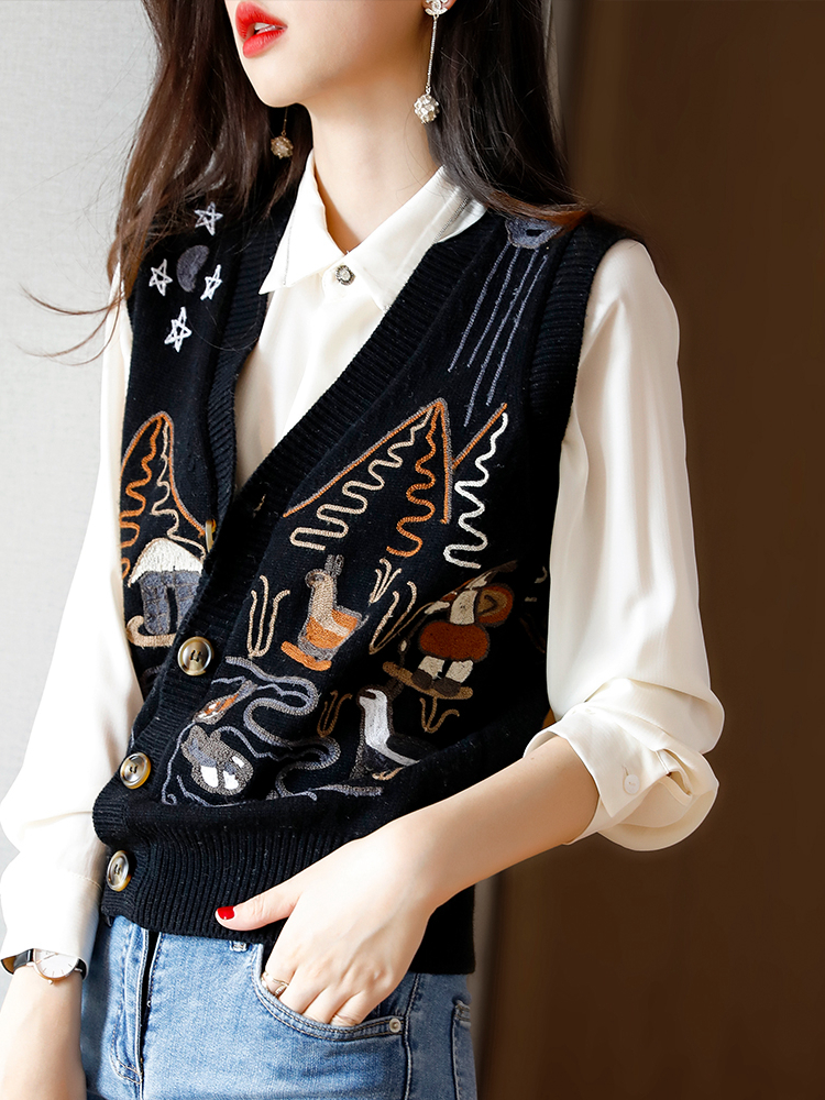 LOSTSOULS socialite wind heavy industry abstract embroidery aged vest waistcoat fashion versatile V-neck knitted sleeveless jacket women