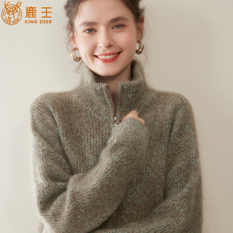 [Heavyweight and Thickened] Deer King Cashmere Sweater for Women 100% Pure Goat Cashmere Knitted Sweater with Floral Yarn and Half-Zip High Collar