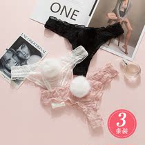 Girl thong women sexy transparent thin belt t pants womens underwear fat MM big size cute rabbit tail hair ball LM
