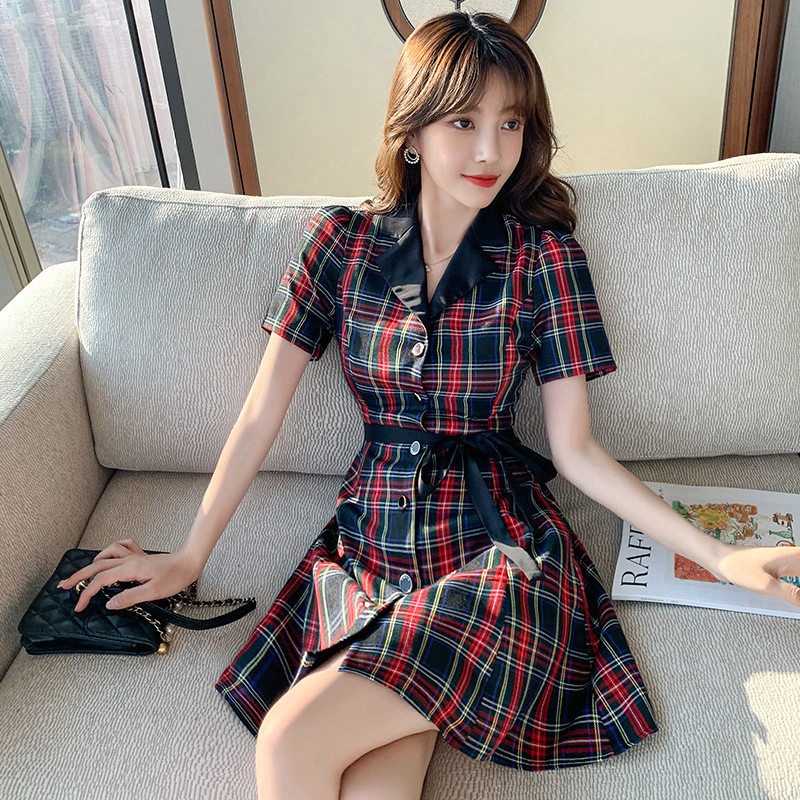 maje kara check slim dress women's summer 2021 new French retro lace-up waist thin short skirt