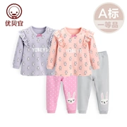 Youbeiyi Heat Cotton Series Cô gái mùa xuân và mùa thu Bộ phim hoạt hình Quần áo trẻ em Trẻ em cổ tròn Áo thun trẻ em mặc