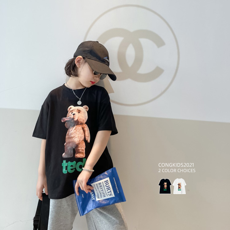 Satoshi children's small bear short sleeve T-shirt 2021 spring and summer new male girl cartoon printed round collar Korean version of the hitch
