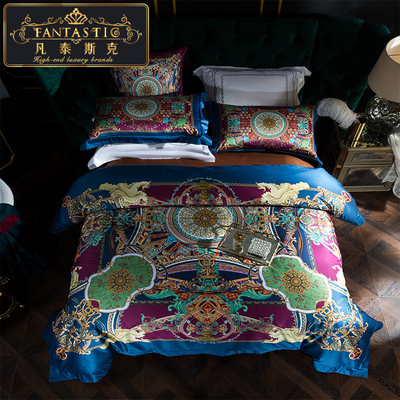 Bed goods 4 pieces of jacket European and American wind printing bed cover Villa Pure Cotton Six Pieces of 1 8m Bed Bedding 2 0 m