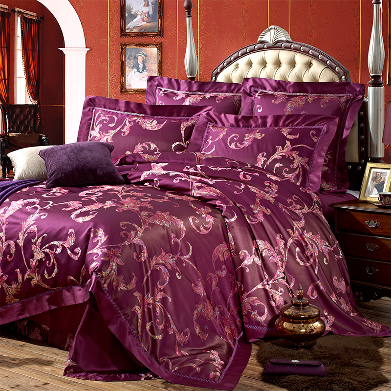 European and American style jacquard genuine silk four pieces 100%-sided mulberry silk satin aristocratic purple wedding Gyeongbed supplies