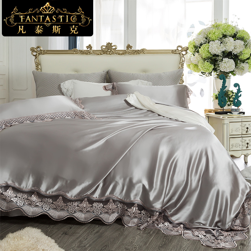 Double sided true silk 4 pieces 100% mulberry silk high-end lace European style princess wind bed with supplies silk quilt cover