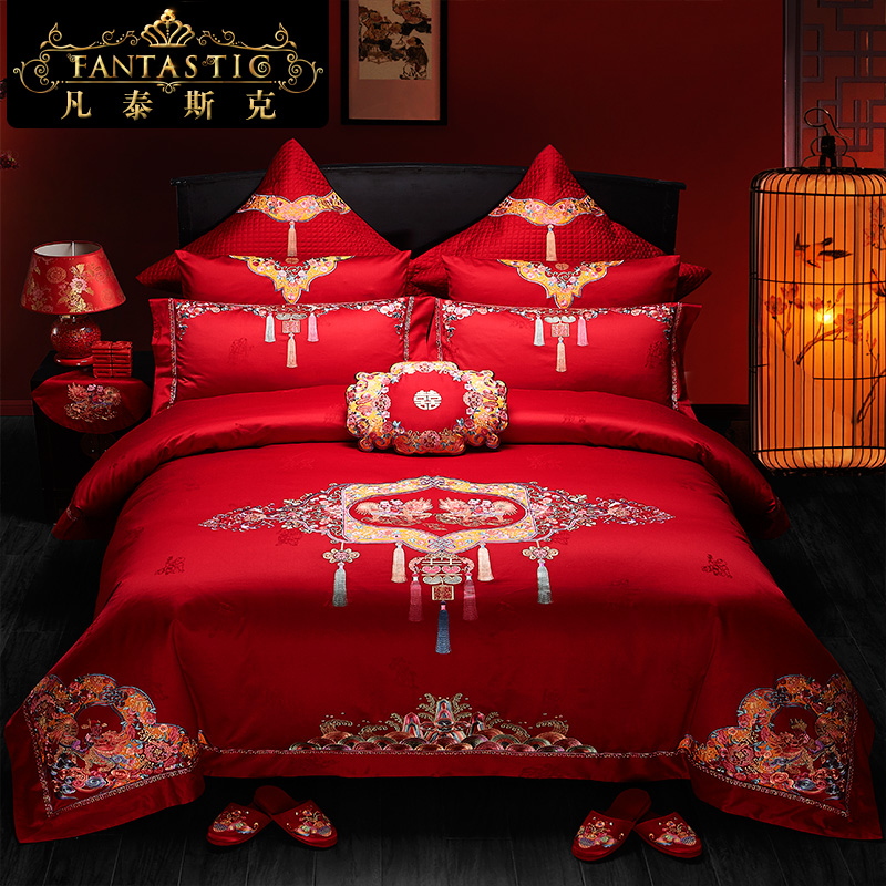 High-end luxury Chinese wedding bedding four-piece set High-end embroidery flower wedding bed set Wedding celebration quilt cover