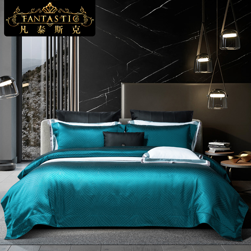 High end 140 long suede cotton pure colour jacquard of four sets European style extravagant sauna silk blue bed supplies kit