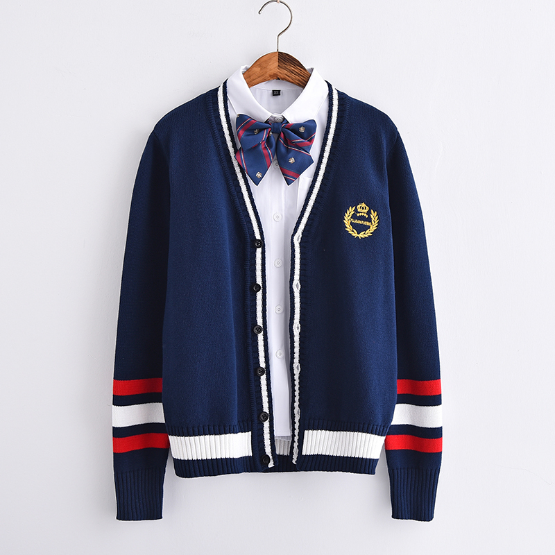 Pure Cotton British Preppy Style Sweater Jacket Jk Uniform Cardigan with Crown Embroidery Loose Large Size V-Neck Knitwear
