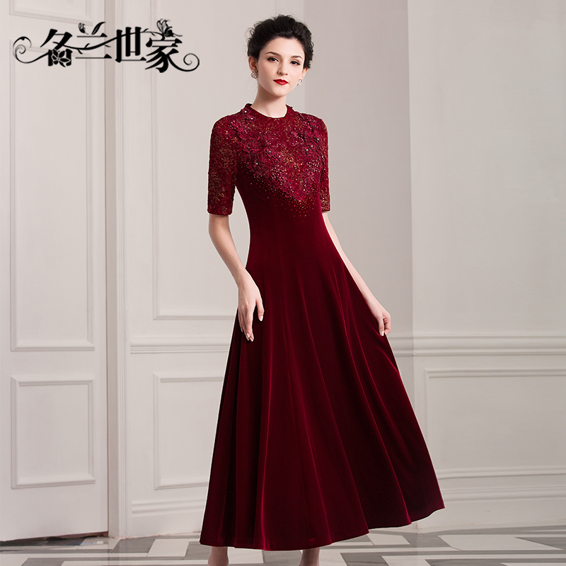 Minglan family gold velvet lace embroidery show thin temperament dress ladies wedding banquet performance evening dress women