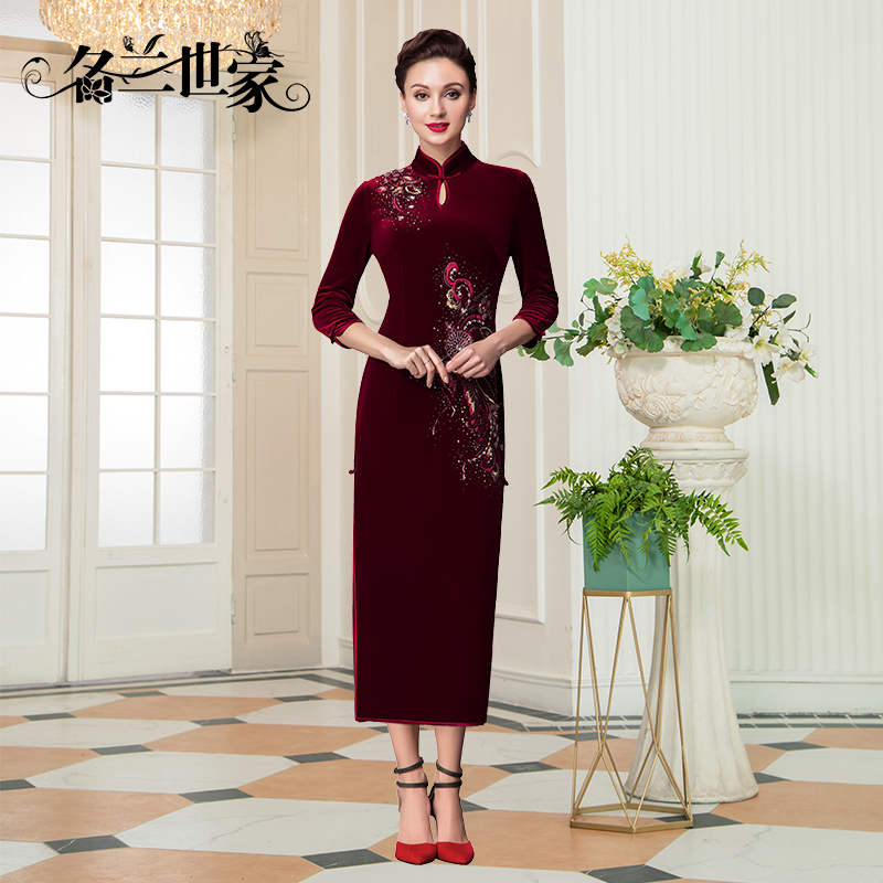 Name Lansei Flagship Store Gold Velvet Retro Improved Qipao Woman Long Version Wedding Wedding Party Mother Dress Gown