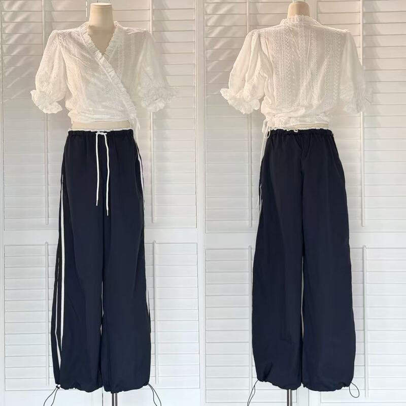 Yuan Yuan French-Style Romantic Lace Puff Sleeve Shirt Top + Navy Blue Lace Waist Drawstring Casual Pants for Summer