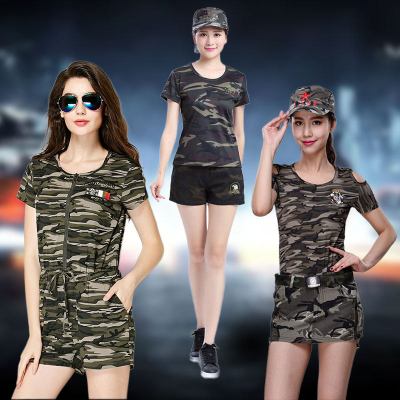 2022 Spring Summer Women's Dress Camouflares Suit Pure Cotton Outdoor Training Suit Sashimi Elastic Short Sleeve Speed Dry Clothing