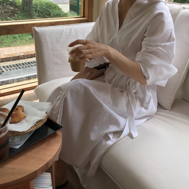 Hàn Quốc lười gió gió dài áo sơ mi phụ nữ thanh lịch ren eo lỏng áo sơ mi giản dị chiếc váy cardigan váy sườn xám dài