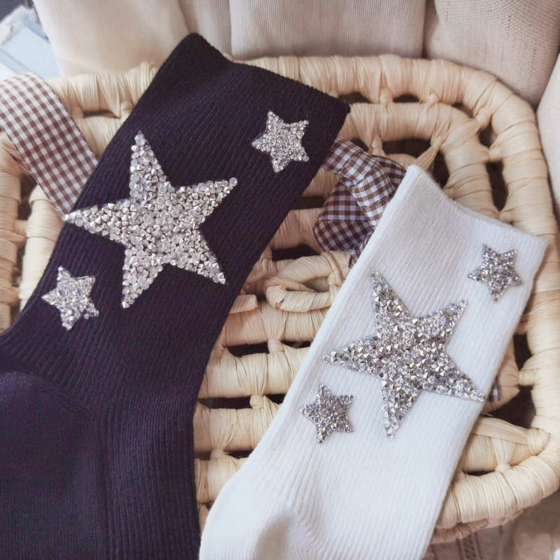 Spring and Autumn Star-Patterned Solid Color Socks with Rhinestones, Black and White Versatile Long Socks, Pure Cotton Slouch Socks for Women, Ins 2021 New Trendy Style