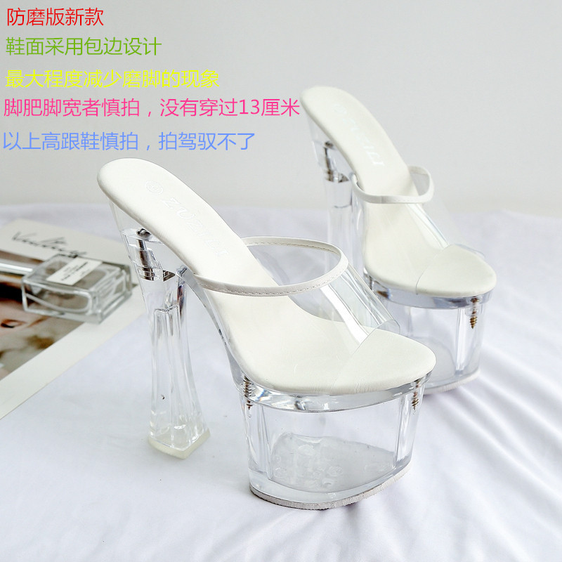 Crystal Transparent Flip-Flops for Women with Thick Heels, 18cm High Heels, Sexy Nightclub Shoes, Thick Soles, Waterproof Platform, Super Stable