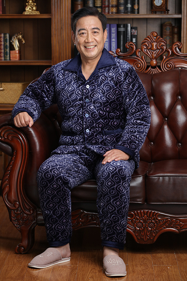 Mùa đông cho nam Coral Coral Plus Cotton Làm dày Kích thước lớn Bộ đồ ngủ cho cha trung niên kiểu đồ bộ vải thun bông