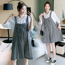 Pregnant women strap pants summer thin casual loose five-point suspenders summer pregnant women set cotton plaid shorts
