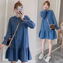 Pregnant women denim skirt autumn fashion Korean version of loose doll collar shirt autumn dress Joker casual pregnant women dress