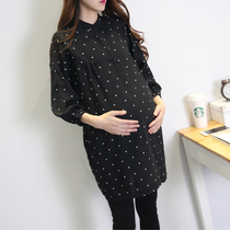 Spring pregnant womens shirt cotton and hemp middle and long Korean version loose large size top Spring and autumn maternity dress base shirt