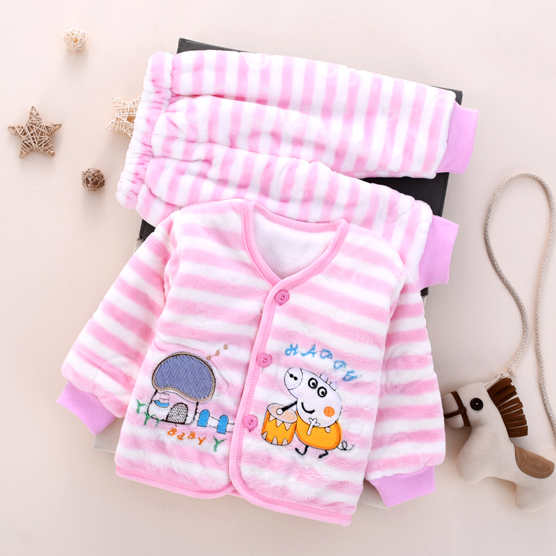 Quần áo bé trai và bé gái san hô lông cừu ấm áp mùa đông và đồ ngủ mùa đông cộng với nhung dày phù hợp với quần áo trẻ sơ sinh quần legging bé gái
