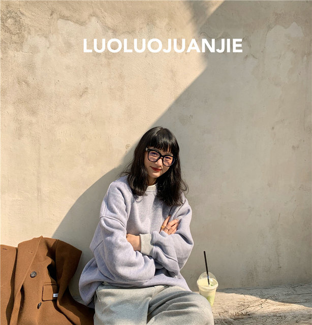 Luoluo Jongjie short blue sweatshirt 2022 new women's waitmore thickened velvet pullover round neck jacket