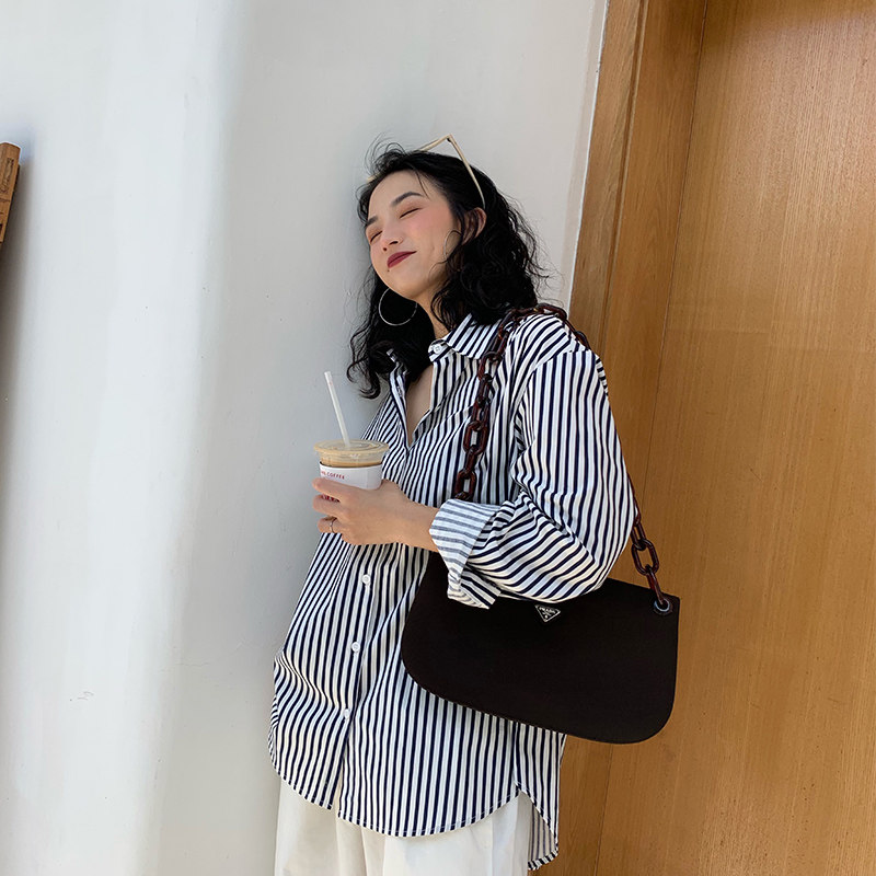 Luo Luo Jie Jie early autumn women's tops are light and familiar, all-match striped shirt women's retro Hong Kong style long-sleeved vertical striped shirt