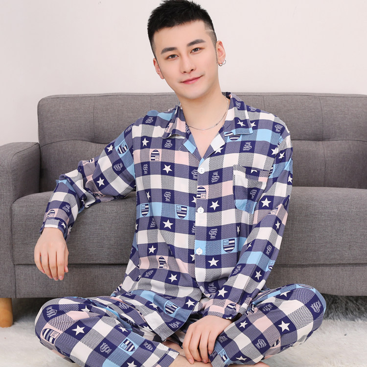 Bộ đồ ngủ mens mùa xuân và mùa hè lụa cotton dài tay dài tay quần thời trang mặc nhà lỏng lẻo bông nhân tạo pajama mỏng kích thước bộ.