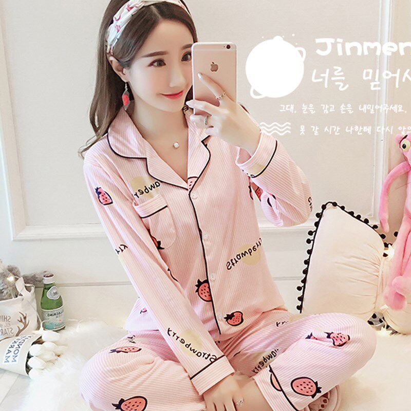 Han Shui Lady Kai-shirt Long Sleeved Summer Pajamas Pure Cotton Spring and Autumn All Cotton Cotton Fashion Clothing Household Clothing Thin Winter