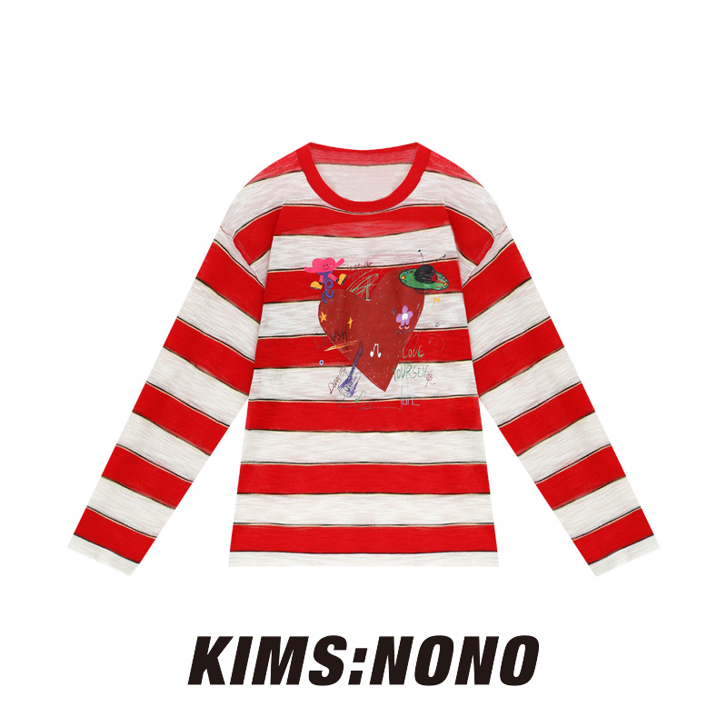 Rctx044686 Fashionable Striped Color-Block Heart Print Long Sleeve T-Shirt for Women 2026 Summer Thin Versatile Top