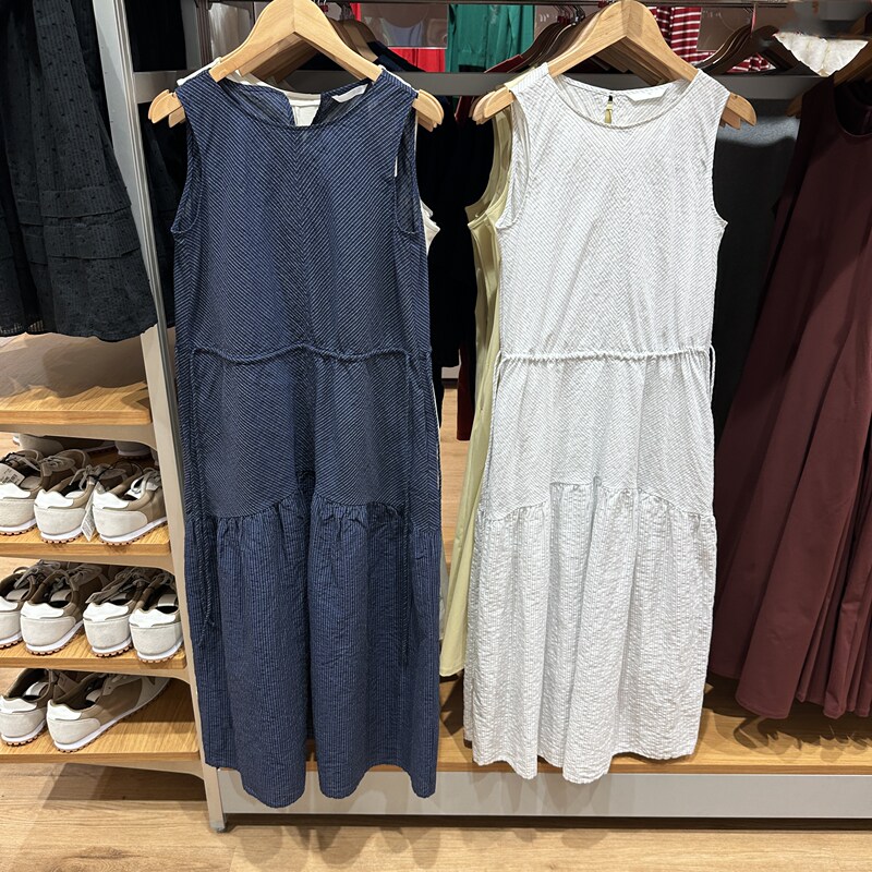 Fitting Room Japanese Style Summer Women's Striped Layered Drawstring Waist Dress Sleeveless Long Dress 484787/482788