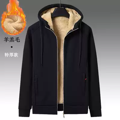 Sweater men's winter hooded cardigan big size plus velvet padded Joker men's Tide brand warm casual Lamb hair coat