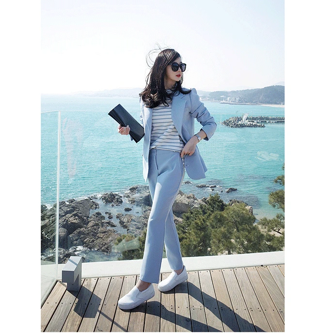 2017 mùa thu mới thời trang Hàn Quốc phù hợp với phụ nữ phù hợp với bầu trời màu xanh giản dị phù hợp với áo khoác chín quần hai bộ
