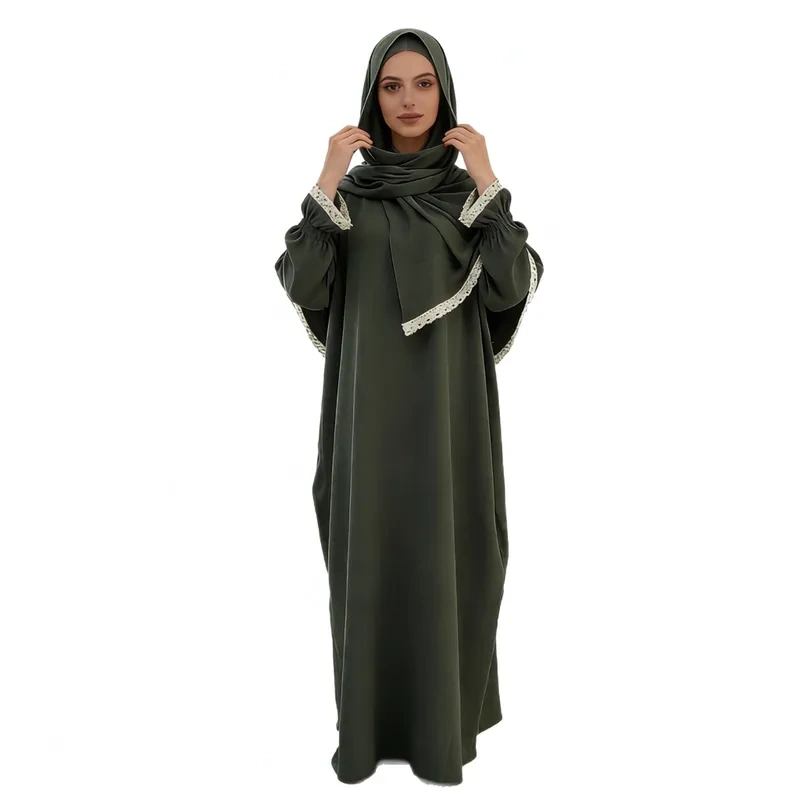 Women's Robe Lace Trim Headscarf Dress Two-Piece Set Comfortable Loose Elegant Long Dress K119 Women's Robe Lace Trim Headscarf Dress Two-Piece Set Comfortable Loose Elegant Long Dress K119
