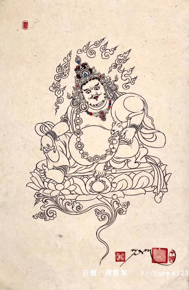 Classic Yellow god of wealth Tibetan famous Tibetan paper white painting Pure hand-painted handmade Thangka hanging painting Home decoration painting Town house