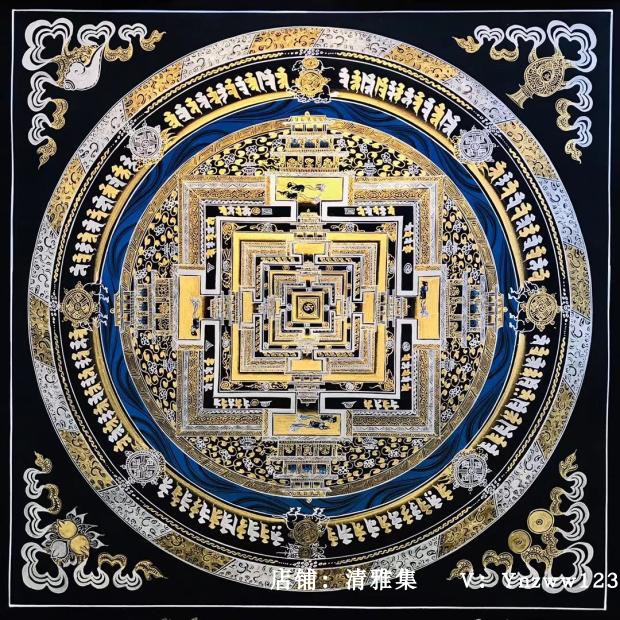 Black Gold Mandala Kalachakra Mandala Pure Hand-Painted Tibetan Handmade Thangka Hanging Painting 50