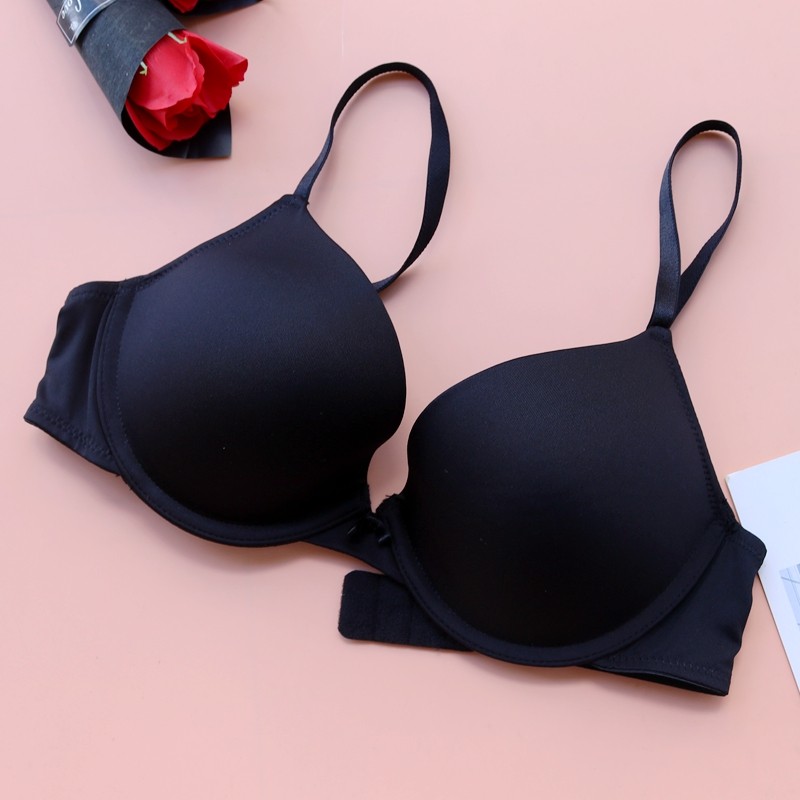 Foreign*maoyuan*single M*M European and American black underwear women's simple top thin bottom thick cup with steel ring gathered glossy bra