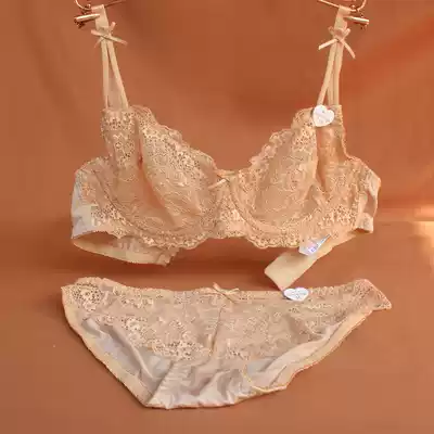 Bra transparent thin European and American underwear women's skin color has steel rings sexy lace big chest shows small ultra-thin underwear set