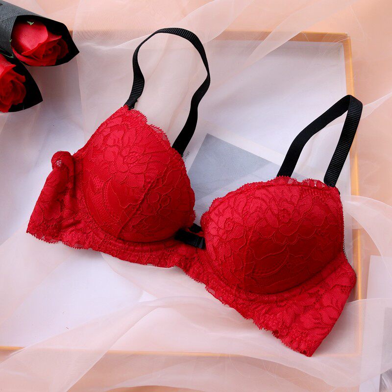 European and American ladies red underwear Sexy bra lace detachable shoulder strap upper and lower thick and small chest for large gathering of bra