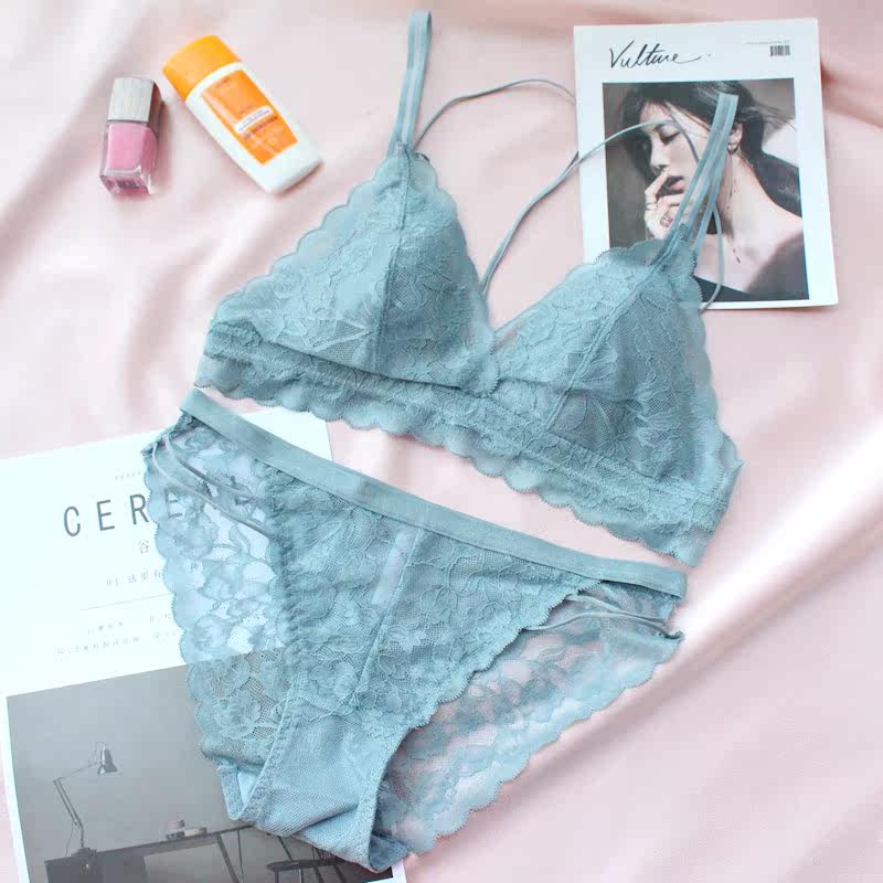French underwear women's exquisite lace does not burst milk gather sexy without steel ring bra anti bump underwear set thin