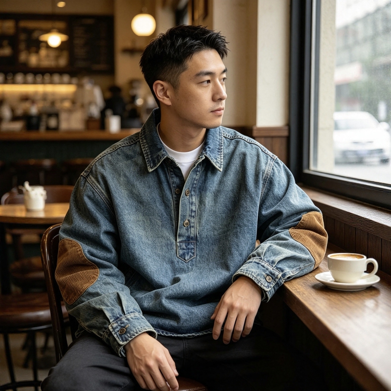 Oversized Pullover Denim Shirt, Washed and Distressed, Vintage Workwear, Pure Cotton, Spring and Autumn, Turn-Down Collar, Loose Jacket, Trendy