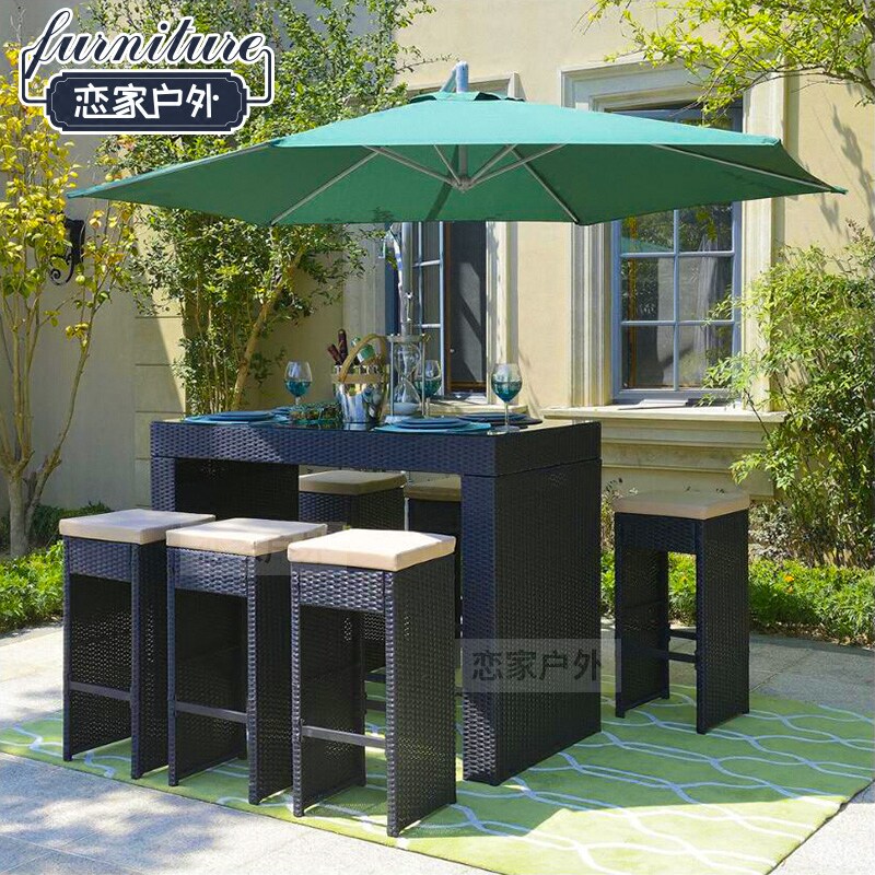 Luxury high bar table and chairs outdoor dining room combination bar table and chairs teahouse rattan imitation rattan chair leisure garden furniture