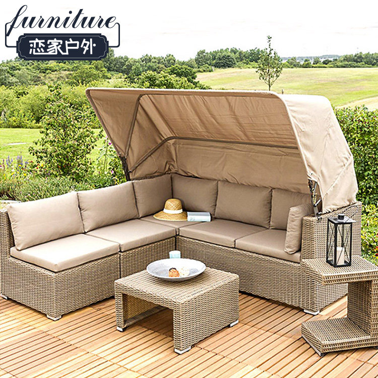 Imitation rattan canopy sofa outdoor rattan chair sofa combination balcony bed garden garden living room rattan three-seat sofa