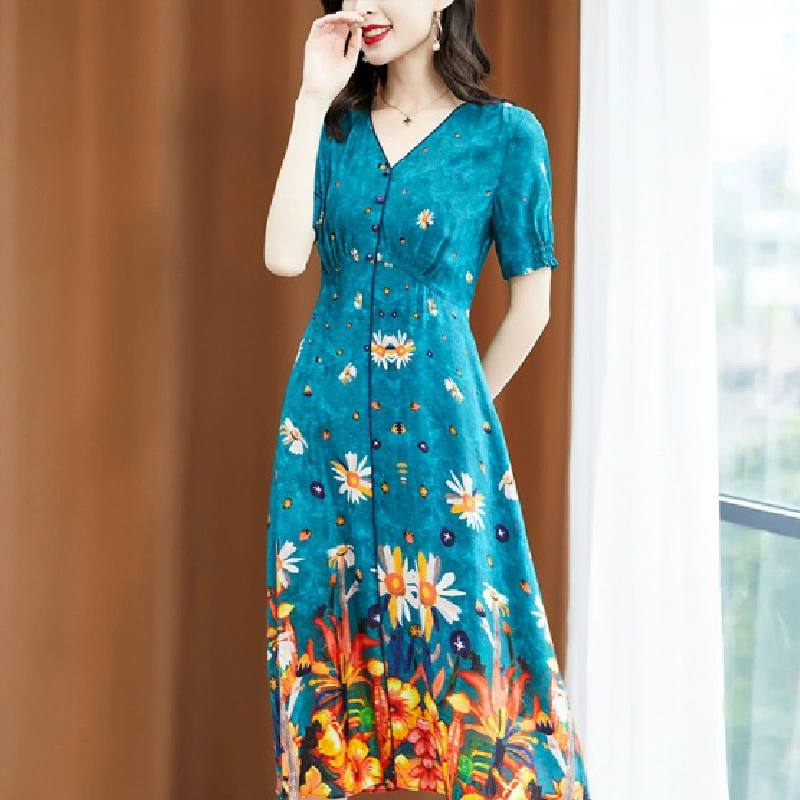 Gu Beisha cổ chữ V lụa in lớn mùa hè phong cách mới eo váy một dòng nữ dài giữa - A-Line Váy