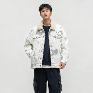 Strawberry bear joint printed denim cotton coat able jeans men and women imitation lamb velvet jacket winter trendy cotton coat