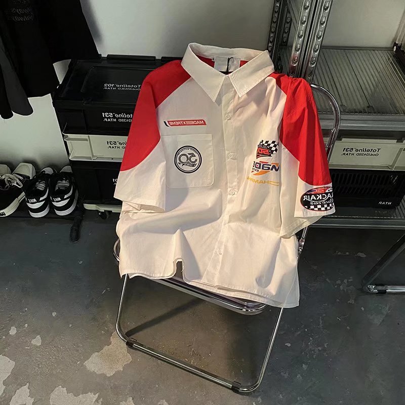 American High Street Hip-Hop Racing Suit Short-Sleeved Shirt for Men, Summer Trendy Brand Motorcycle Polo Collar Short-Sleeved Top
