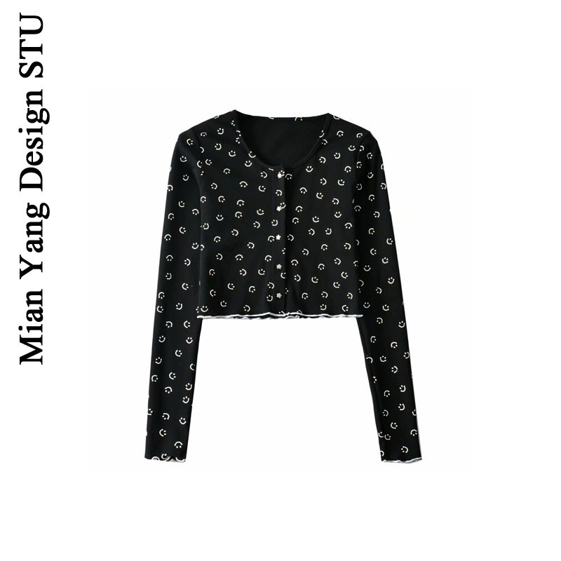 Cotton American-Style Sweet and Cool Girl Niche Jacket with Smiley Face, Slimming Short Cardigan Top + Dress Layered Outfit Set